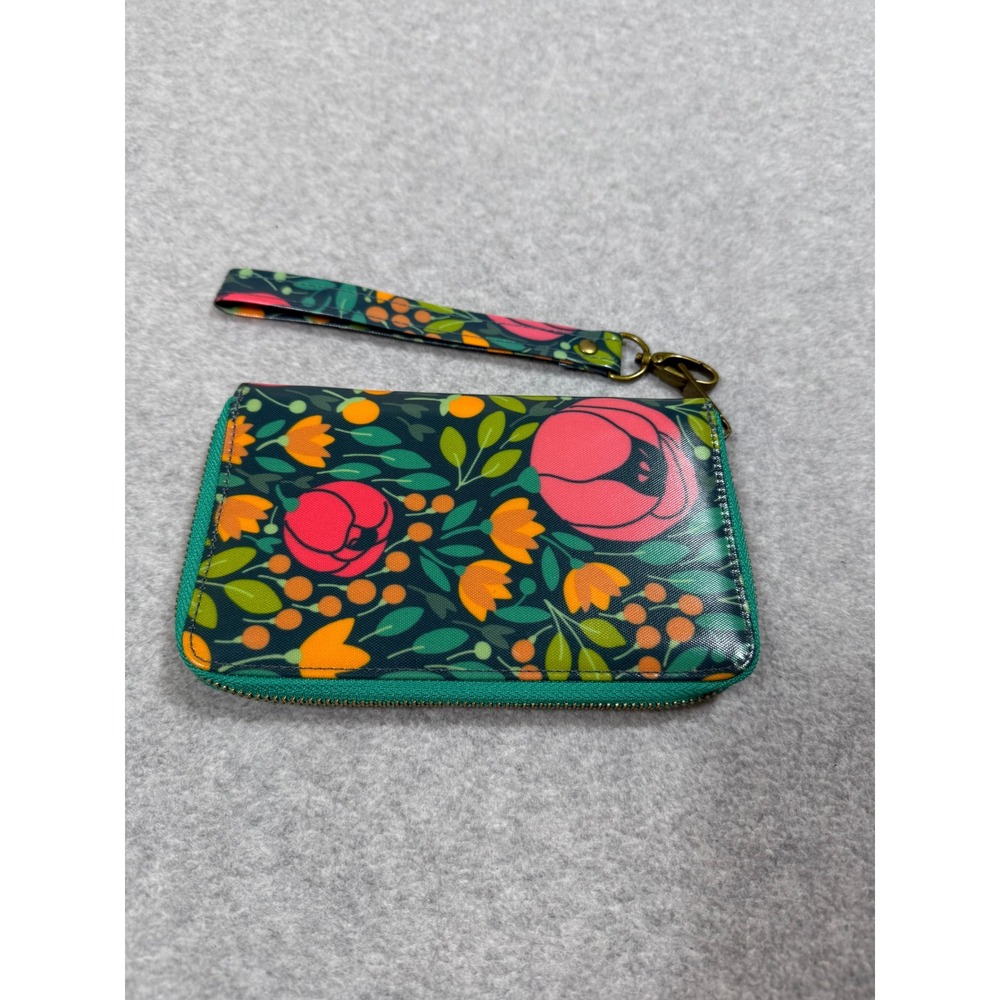 Wander Wallets Floral Zip Around Wristlet Wallet Teal Pink Orange Botanical